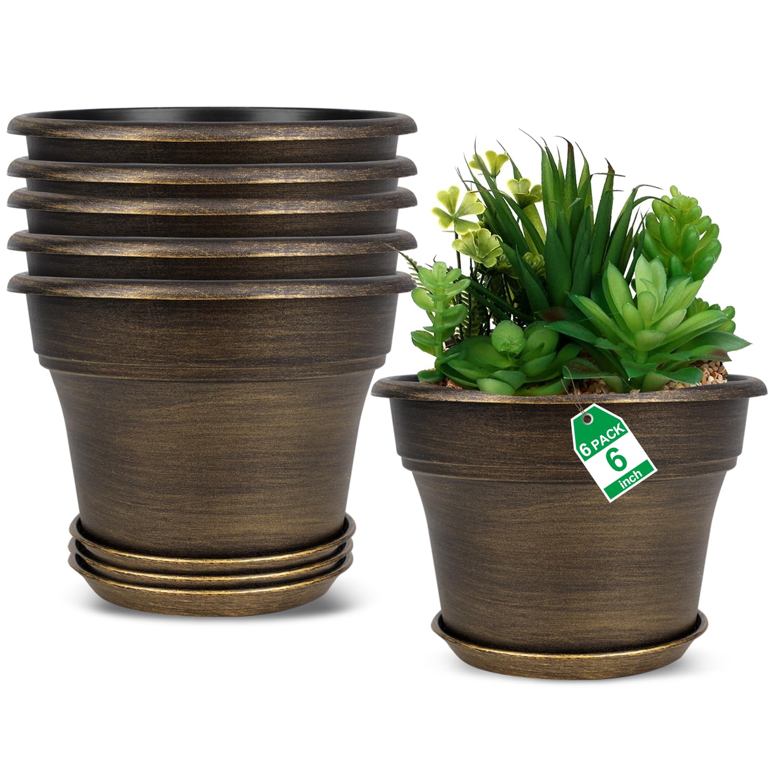 Photo 1 of Plant Planters Pots Set of 6 Pack 6 Inch, Plastic Flower Pot for Indoor Plants with Drainage Holes & Trays, Resin Decorative Container Sets with Saucer for House Outdoor Garden Planters Dark Gold
