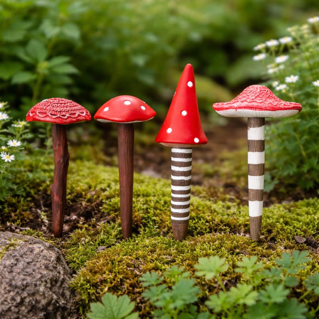 Garden Mile Set of 4 Miniature Resin Mushroom Ornaments, Red Toadstool Fairy Garden Decorations, Weatherproof Outdoor Garden Statues for Plant Pots, Flower Beds, Patio, Indoor Mini Gardens