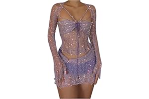 Momasggi Womens Sexy Skirt Sets Two Piece Outfits Glitter Sequins Crochet Sweater Set Long Sleeve Cropped Top Mini Skirt Set