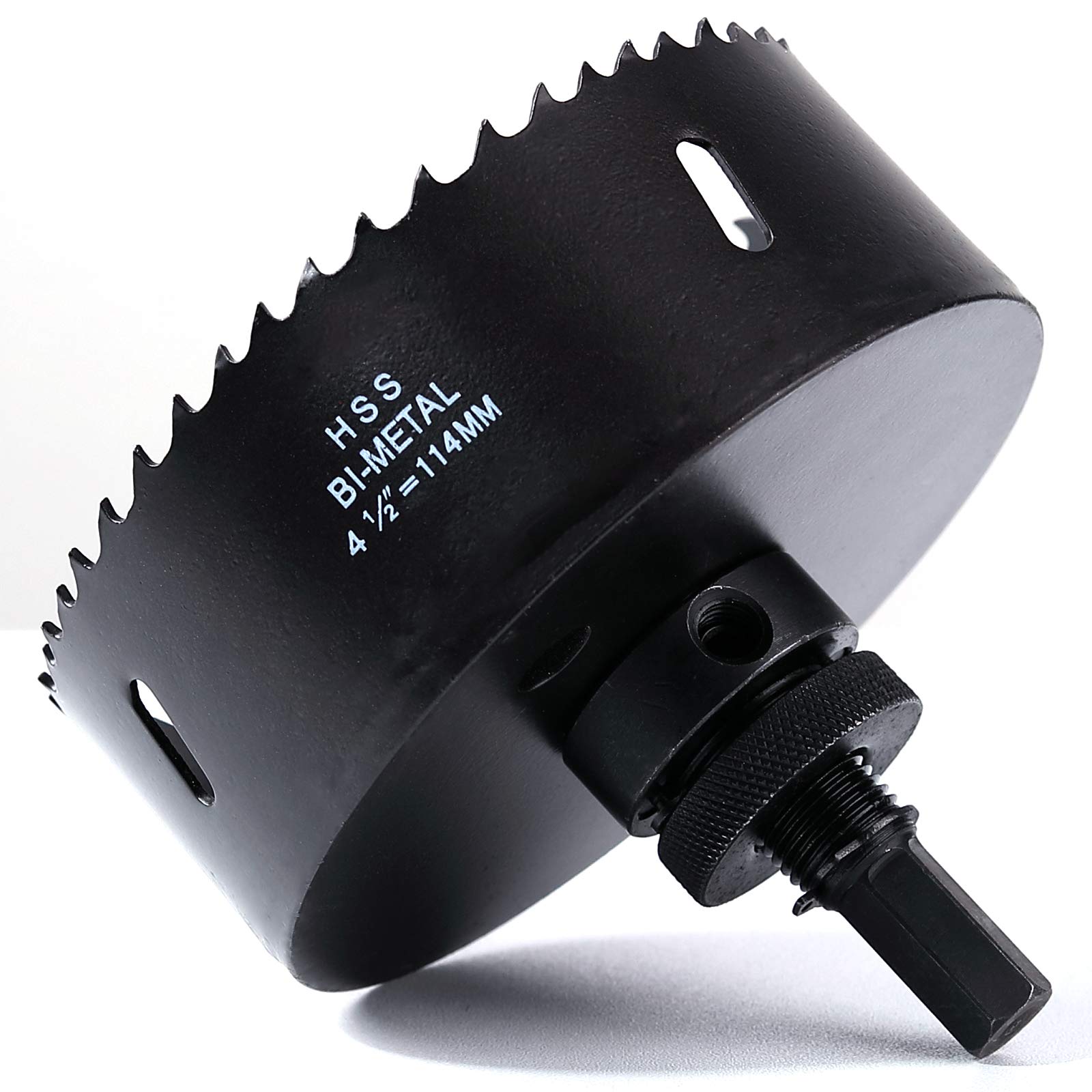 114mm Hole Saw, HSS Bi-Metal Hole Cutter with Pilot Bit for Plate Steel, Sheet Iron, Ceiling Board, Wood and Plasterboard, Black