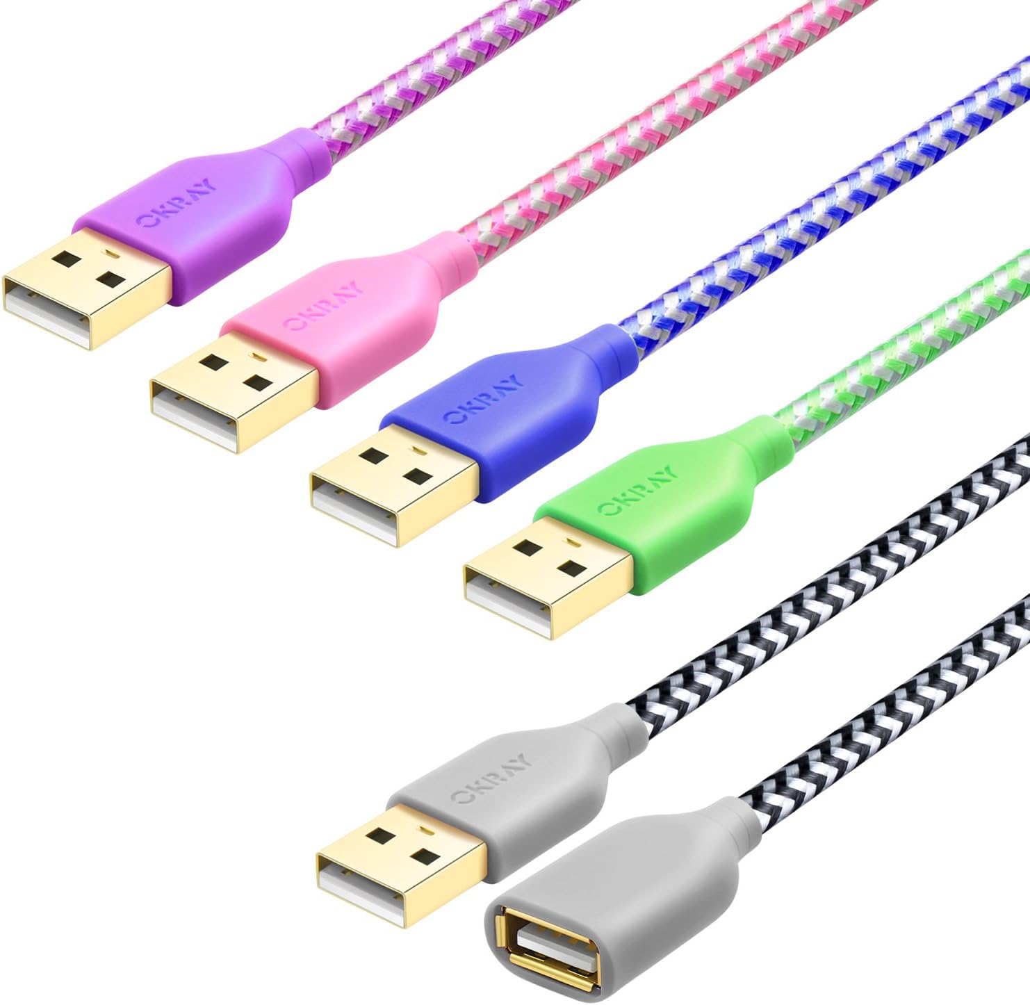OKRAY 5 Pack Nylon Braided USB 2.0 Extension Cable Extender Cord - A Male to A Female with Gold-Plated Connector - 6 Feet (1.83M) (All Black): Computers & Accessories