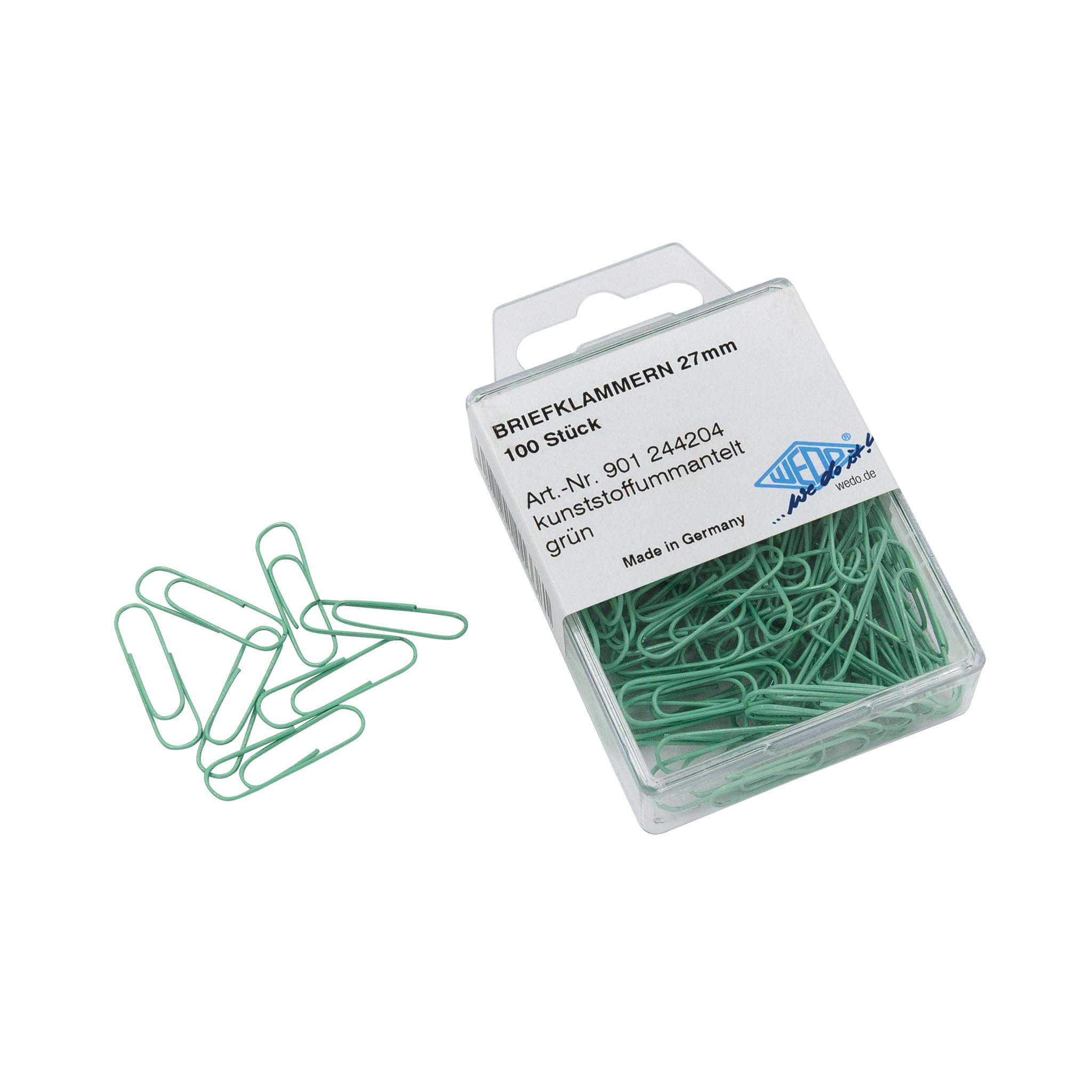 Wedo 901244200 Metal Plastic Coated Paper-Clips, 27 mm, Pack of 100 Green
