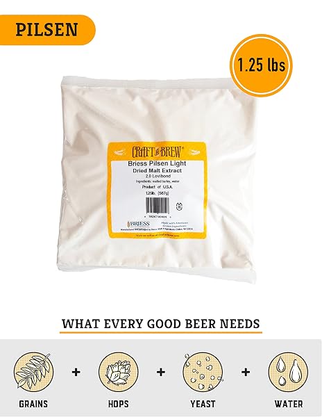 CRAFT A BREW – DRY MALT EXTRACT FOR BREW KIT – 1.25 POUNDS PILSEN – ALL PURPOSE BASE EXTRACT – FOR ANY BEER STYLE – EFFECTIVE FERMENTATION