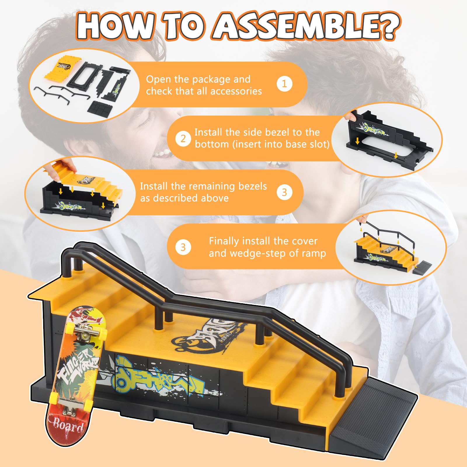 Finger Skateboard Ramps Set, 6-in-1 Bigger Fingerboard Skatepark Skate Park Kit Training Props with 6 Finger Skateboard 6 Finger Deck & Display Holder Finger Skate Toys for Kids & Adults Gifts