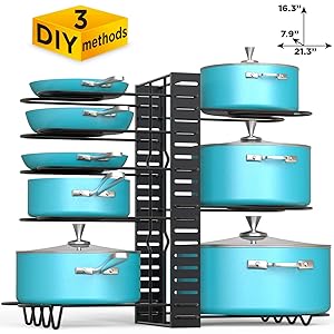 VDOMUS Pan Organizer Rack with 3 DIY Methods, Height Adjustable Kitchen Pan and pot Lid Holder, Black