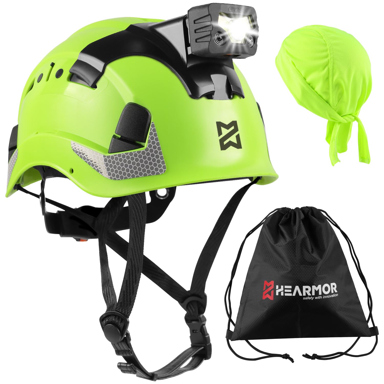 HEARMOR Working at Heights Industrial Helmet for Adults Construction Helmet with LED Headlamp Including ABS Safety Passed EN12492 Certification, EN397 Shock Absorption and Penetration Resistance Test