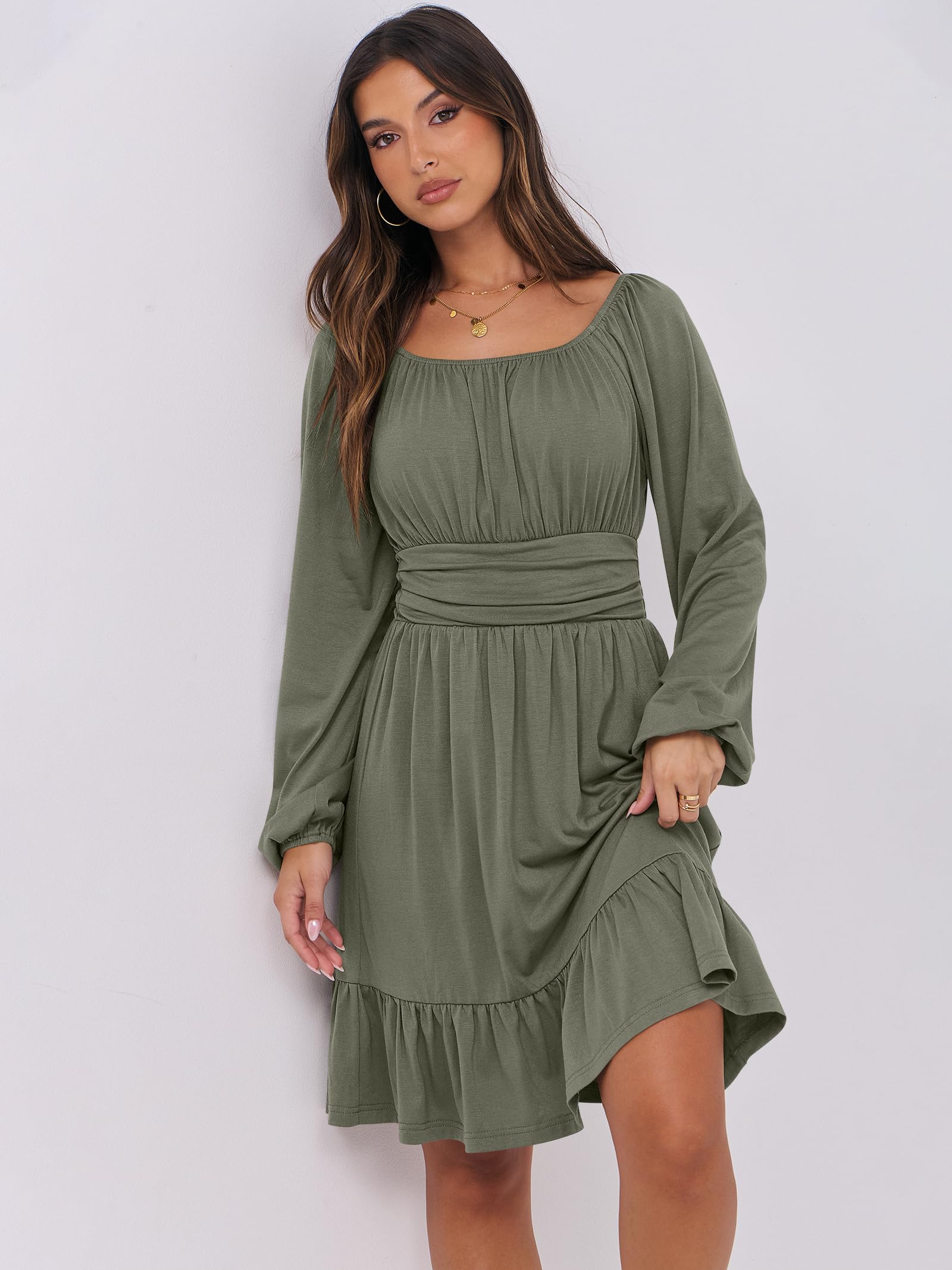 ANRABESS Womens Dress Long Lantern Sleeve Square Neck Elastic Waist Ruffle Flowy Swing A-Line Short Dresses 2025 Fall Fashion Army Green X-Small - Image 4