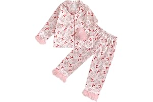 fyclemt Toddler Baby Girl Boy Christmas Silk Satin Pajamas Santa Button Pjs Kids Long Sleeve Shirt Pants Xmas Pjs Sleepwear