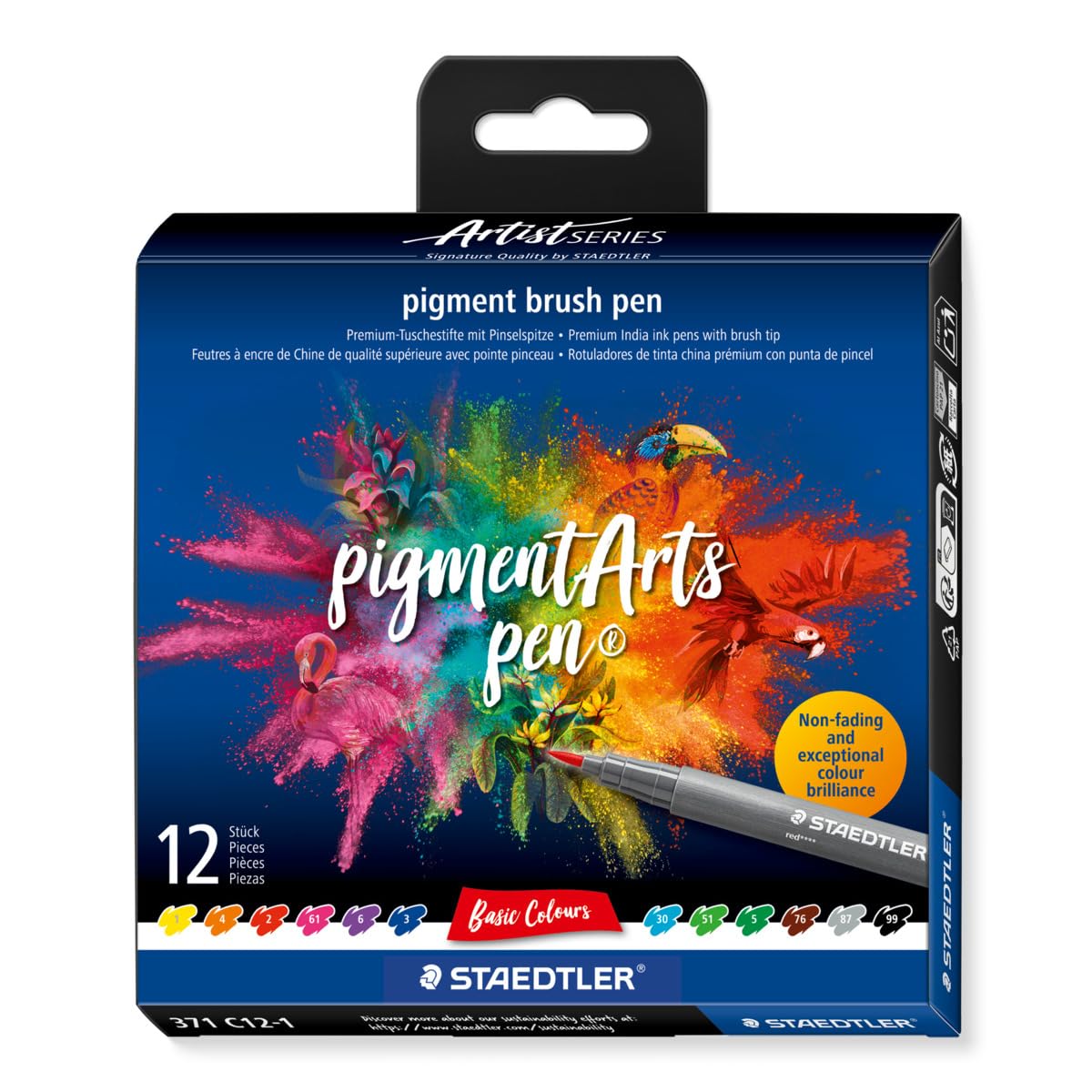 STAEDTLER 371 C12-1 Pigment Arts Brush Pen - Assorted Basic Colours (Pack of 12)