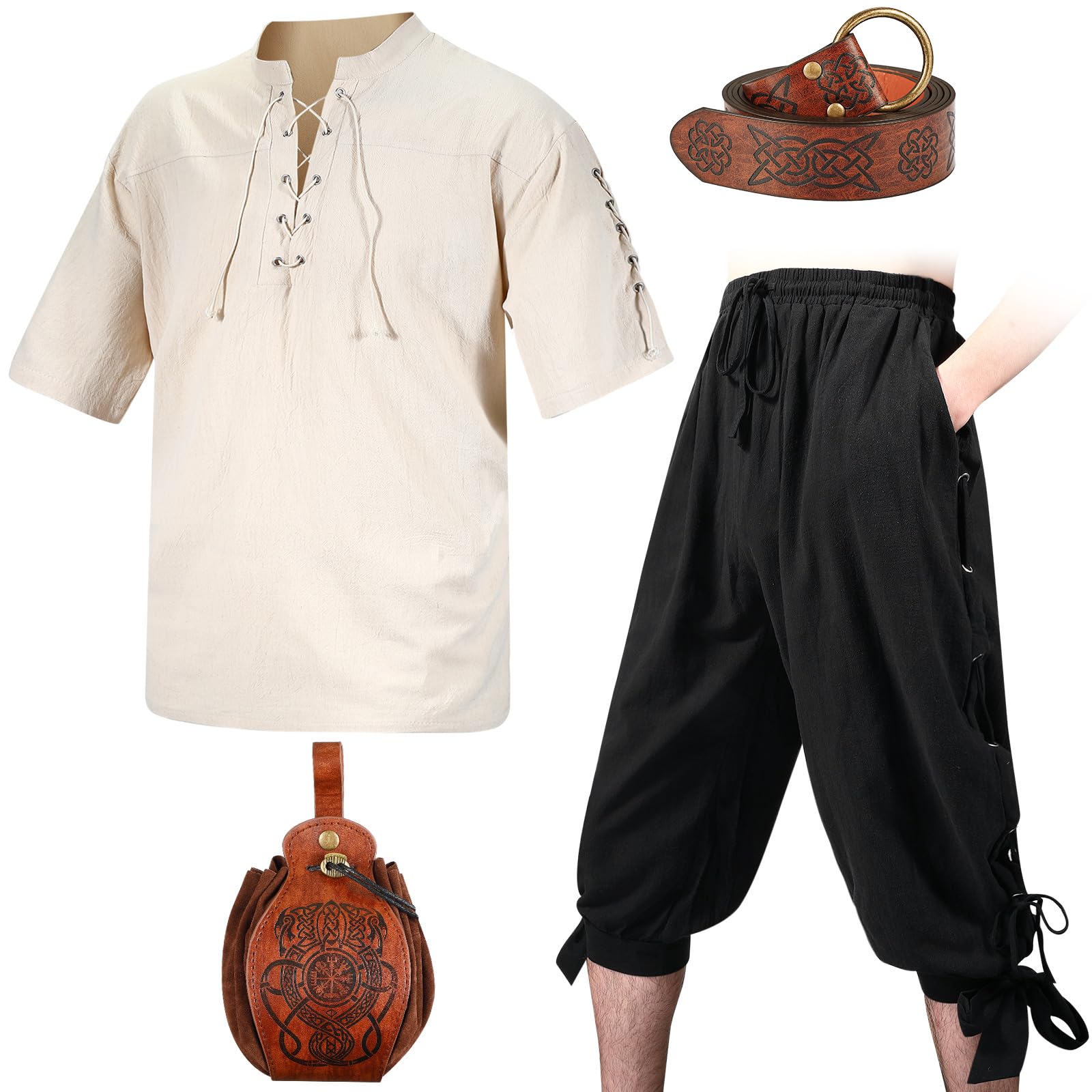 Photo 1 of ***SHIRT MISSING***Xtinmee 4 Pcs Halloween Men Renaissance Costume Set Medieval Pirate Viking Costume Shirt Pant Belt Bag(Medium,Beige Black)