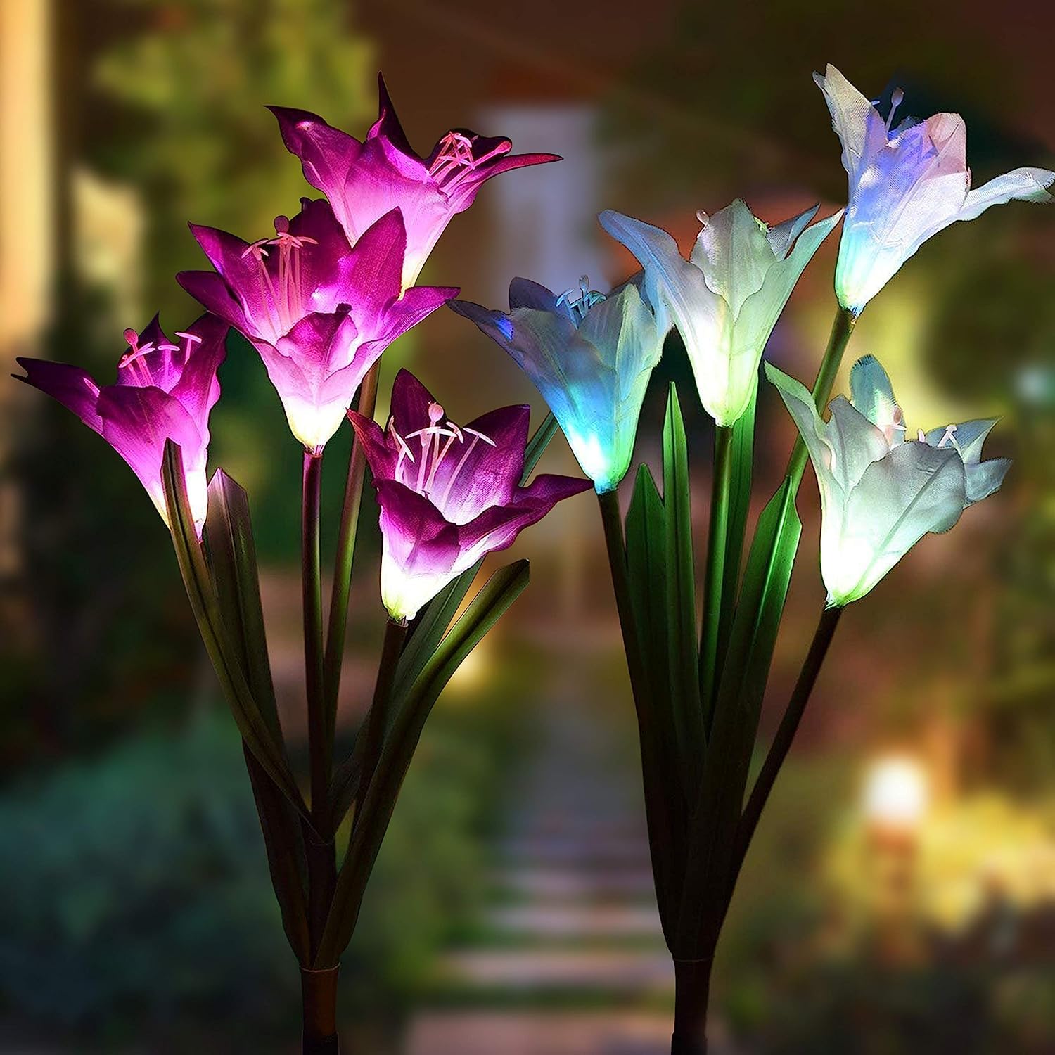 Solar Lights Outdoor [2 Pack] Garden Lights Solar Powered Colourful Changing with 8 Bigger Lily Flowers, Waterproof Garden Ornaments for Yard Patio Pathway Birthday Christmas Decorations, White+Purple