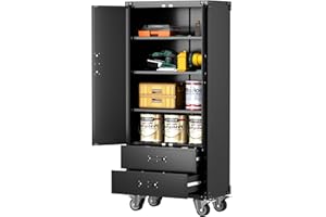Aobabo Garage Metal Storage Cabinet with Wheels, Lockable Steel Storage Cabinet with 2 Large Drawer and 3 Adjustable Shelves, for Home, Office, Classroom, Black, Assembly Required