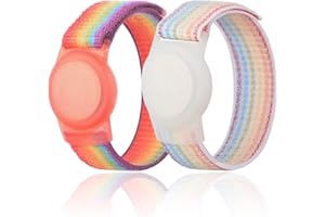 QONUIY 2 Pack Kids Wristband Compatible with Apple AirTag, Protective Case for Air Tag GPS Tracker Holder with Nylon Bracelet, Adjustable Anti Lost Watch Band for Toddler Child Elder (Rainbow)