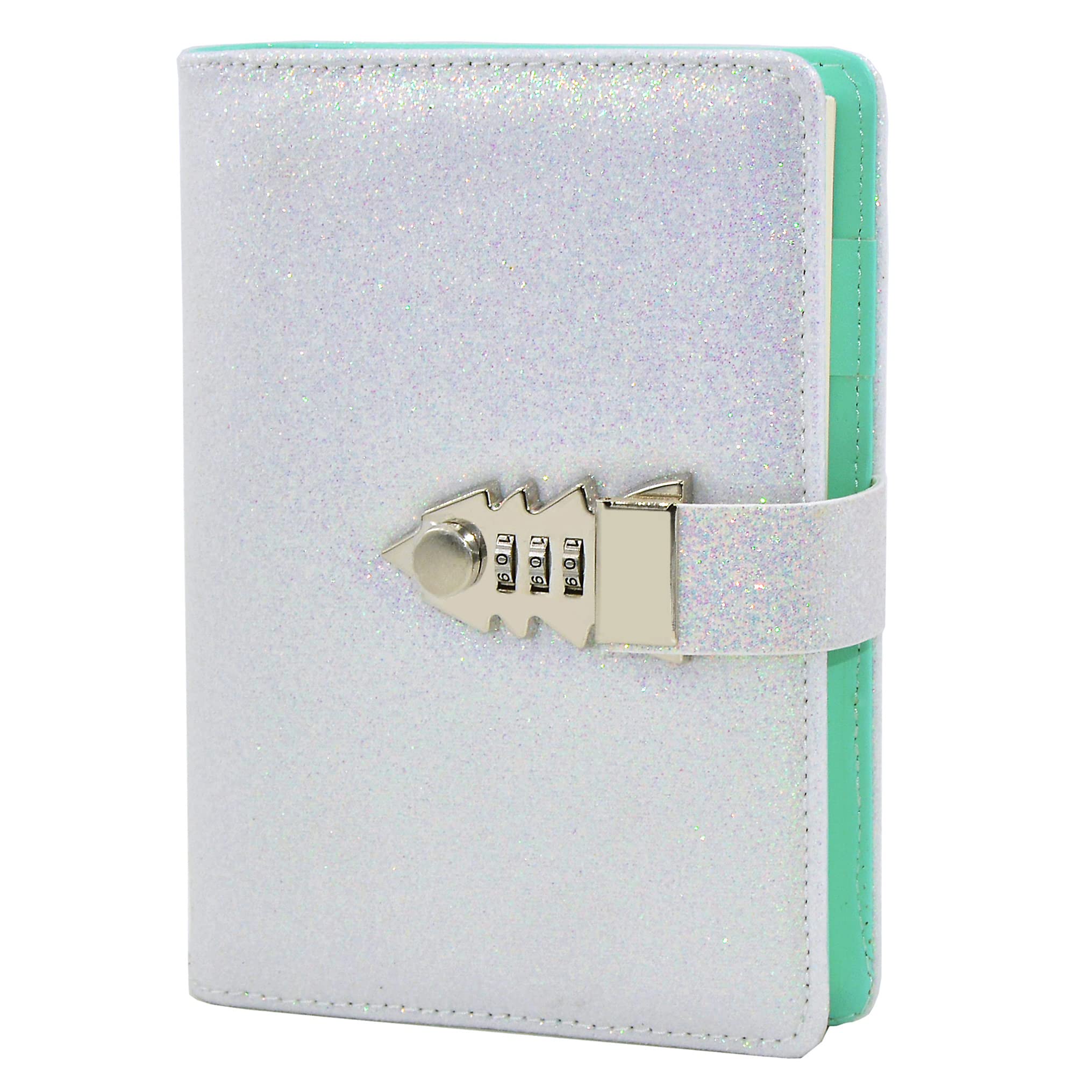 LanSun NectaRoy Lock Journal Lockable Refillable Diary, Writing Notebook Planner Organizer with Combination Lock, Gilliter Cover Travel Journal with Lock, 185x135mm, Gilliter White