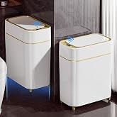 2-Pack Automatic Bathroom Trash Can with Lid, Slim Motion Sensor Garbage Can, Waterproof Touchless Trash Bin, Smart Trashcan for Bedroom, Living Room, Narrow Space, 2.3 Gallon, White+Gold Trim