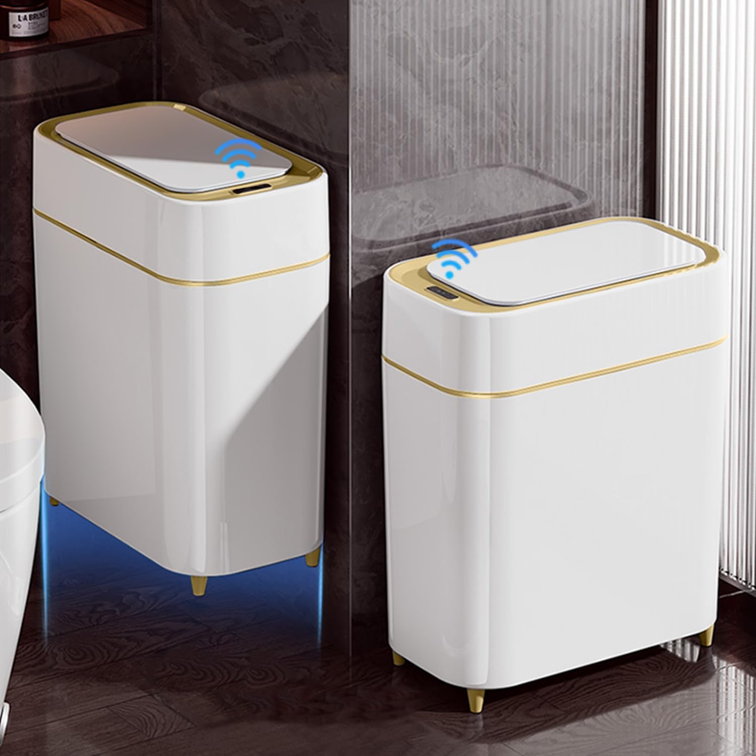 Photo 1 of 2-Pack Automatic Bathroom Trash Can with Lid, Slim Motion Sensor Garbage Can, Waterproof Touchless Trash Bin, Smart Trashcan for Bedroom, Living Room, Narrow Space, 2.3 Gallon, White+Gold Trim **MISSING 1**