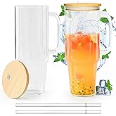 FECBK Glass Cups with Lids and Straws 40 oz Glass Tumbler with Straw and Lid 2 Pack Glass Tumbler with Handle Wide Mouth Iced Coffee Cups for Smoothies, Soda, Tea, with Bamboo Lids