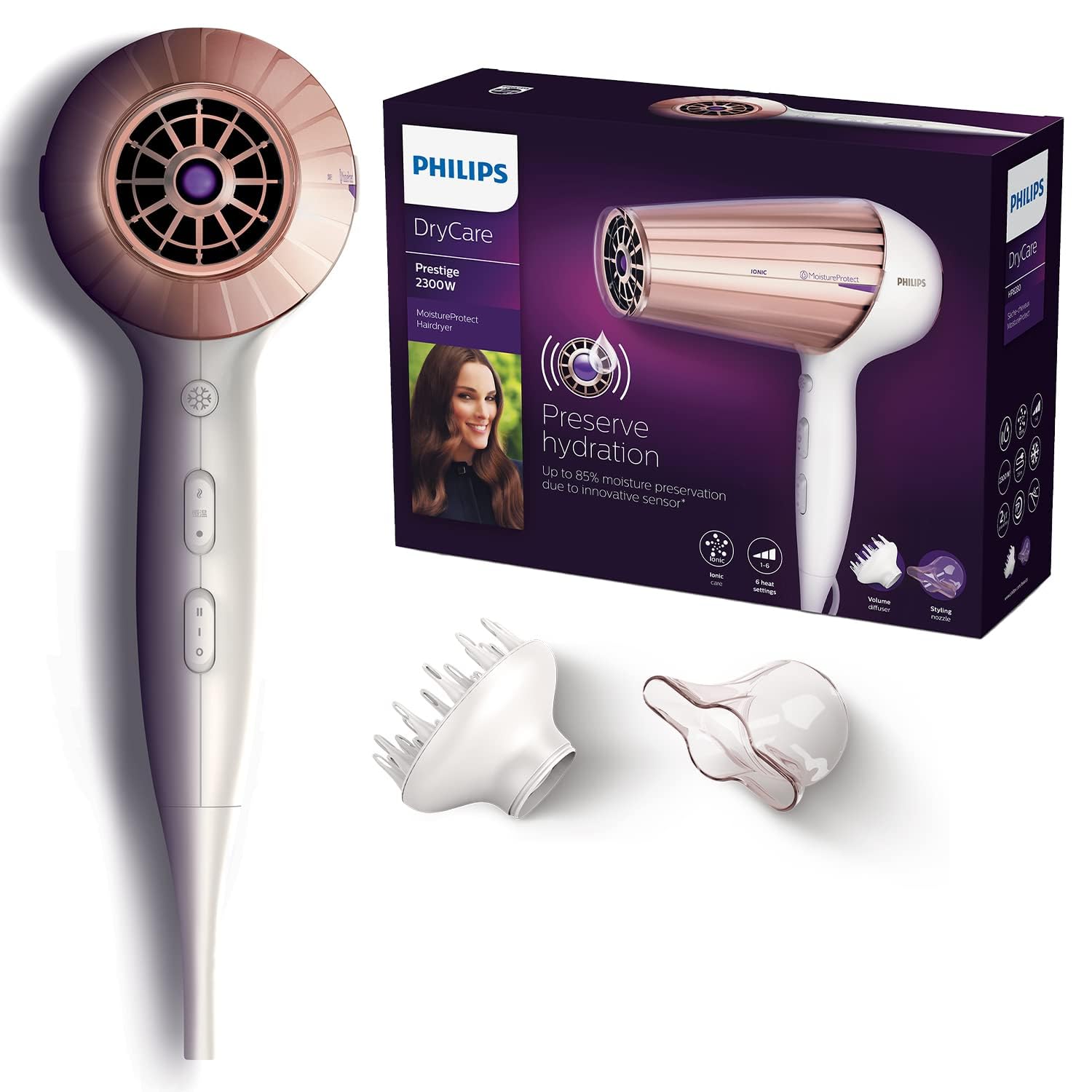 Philips Drycare Prestige Sèche-Cheveux, Capteur Moistureprotect, 2 300 W, Fonction Ionique, Touche Air Froid, Modèle Hp8280/00