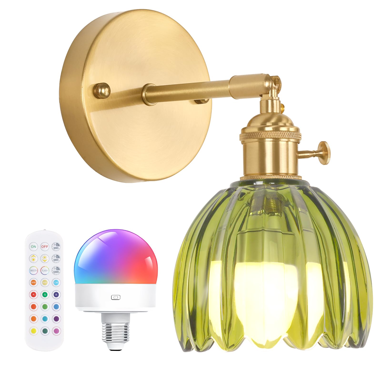 Shenmoyl Vintage Battery Operated Wall Sconce with Cute Green Tulip Glass Lampshade Wireless Rechargeable Battery Powered Wall Light with Remote Control for Bedside Bedroom Doorway Image