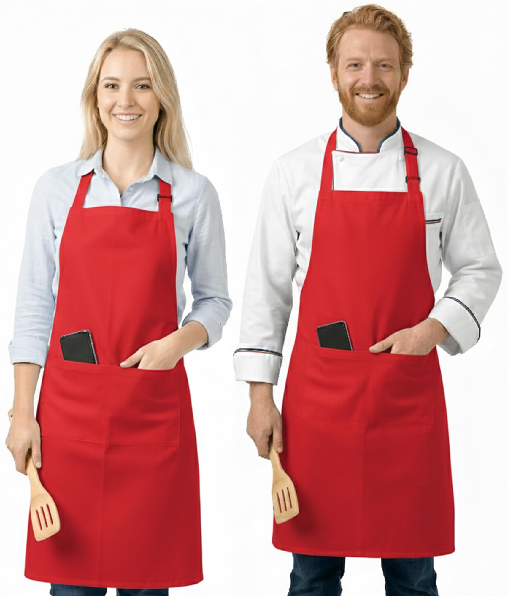 LivinEase Aprons for Women & Men, 2 Pack – Adjustable Aprons with 2 Pockets, Kitchen Aprons for Cooking, Baking, BBQ, Gardening - RED