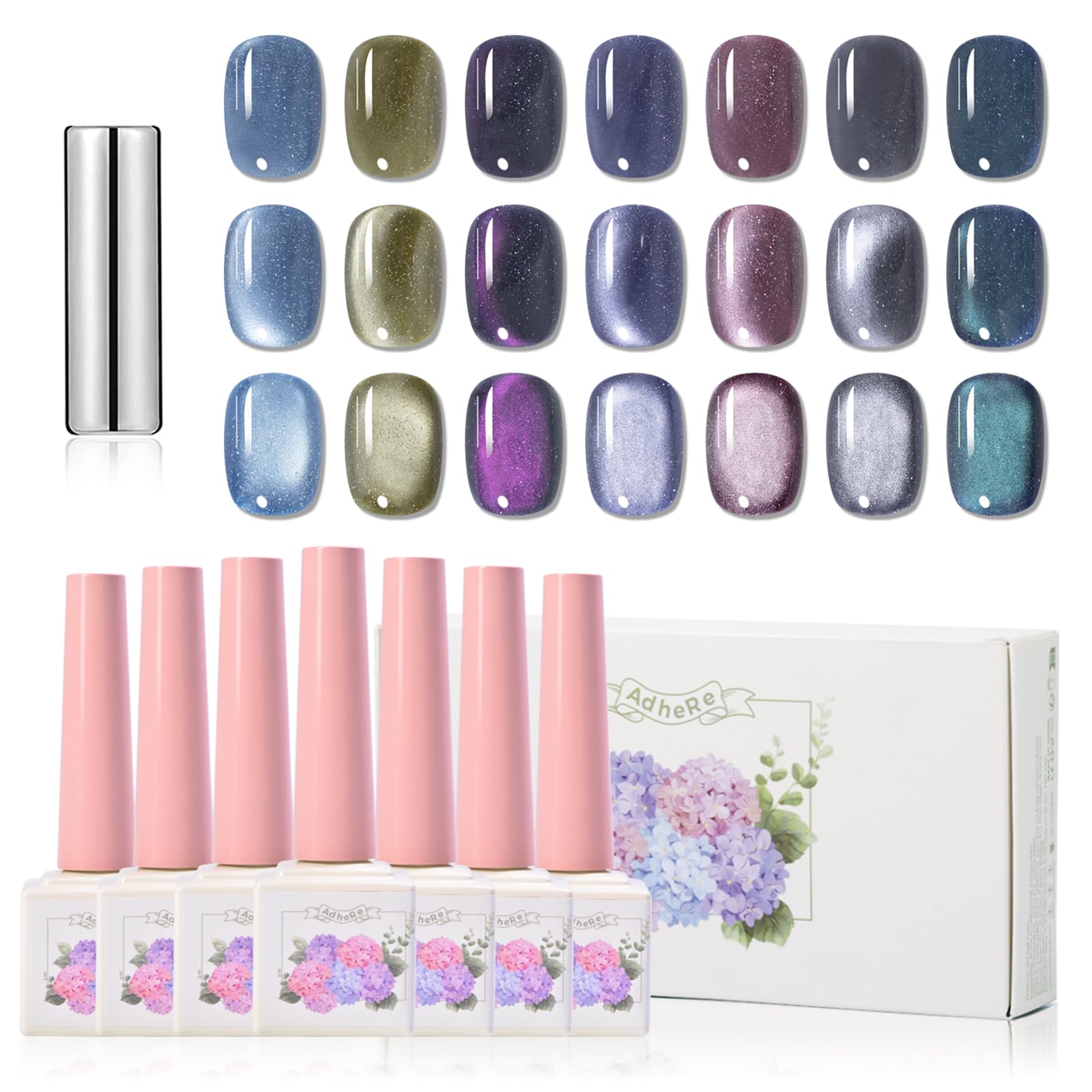 Photo 1 of ADHERE Cat Eye Gel Nail Polish Set 12ML, 7 Colors Magnetic Gel Nail Polish Blue Purple Green Nail Gel Polish Kit with Magnet Soak Off LED Nail Art Gel DIY Salon Gifts For Women