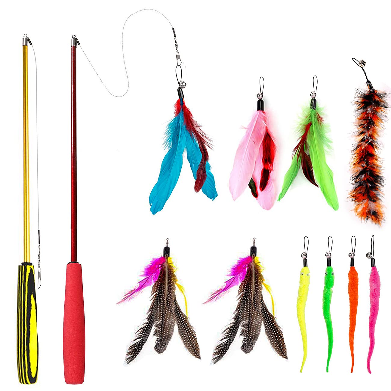 Famgee Feather Teaser Cat Toy - 2 Pcs Retractable Cat Toys Wand and 10 Replacement Refills Assorted Feathers Birds Worms Catcher with Bell, Interactive Teaser and Funny Exercise for Kitten Cats