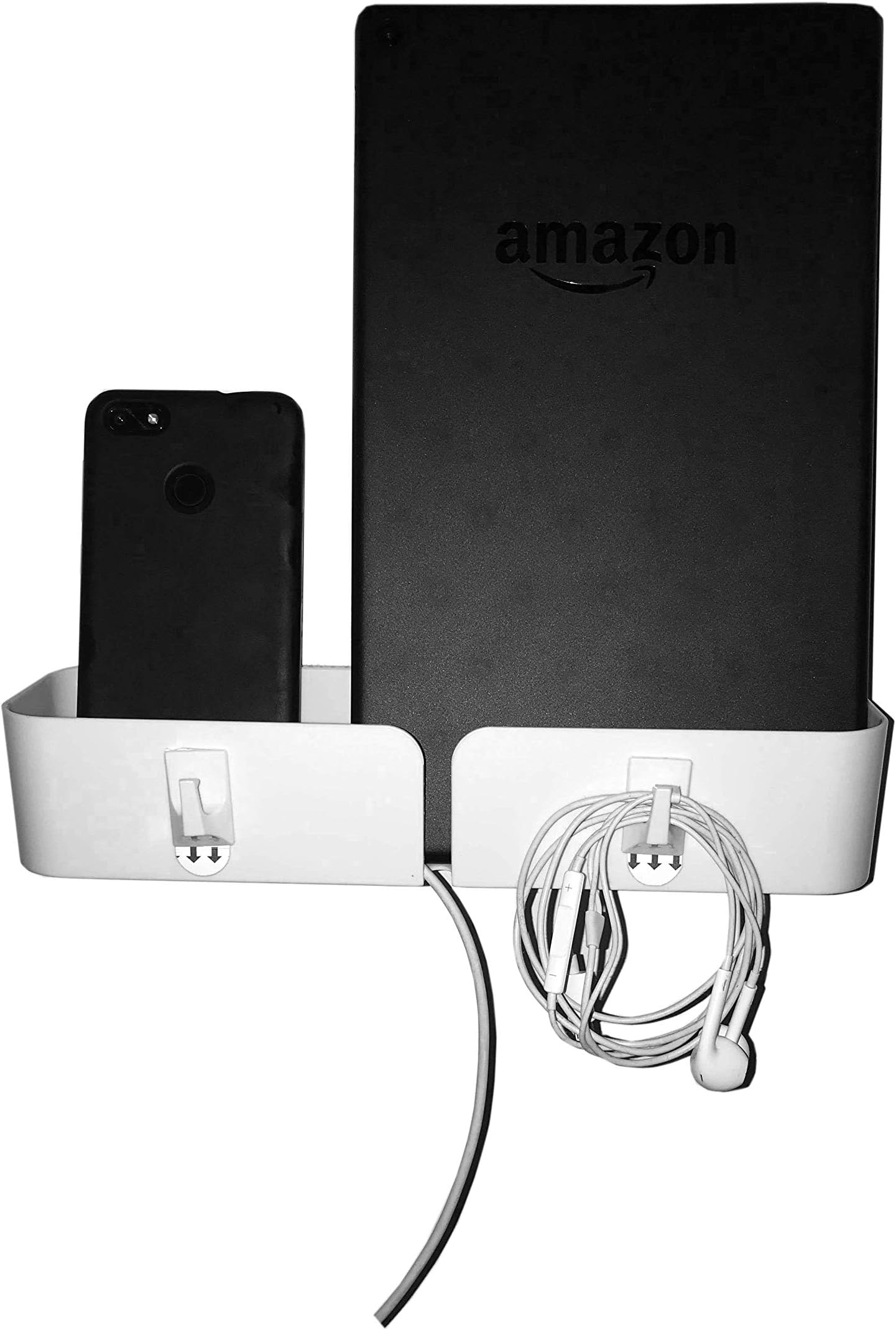 ThinkandGrow Bedside Bed White Shelf (+ 2 Hooks), Storage, Organizer Damage Free Adhesive Installation for Wall Mount Rack Box Caddy Bunk Bed Accessories Shower iPhone iPad Remote Earphone Holder