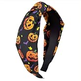 WYFHDT Halloween Headband Pumpkin Bat Star Knotted Festive Hair Accessories | Black knotted headband with orange pumpkins and purple bats. A quick, spooky-cute festive hair accessory for women's parties
