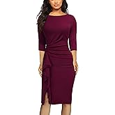 AISIZE Women's Retro 3/4 Sleeve Ruched Elegant Business Pencil Sheath Dress