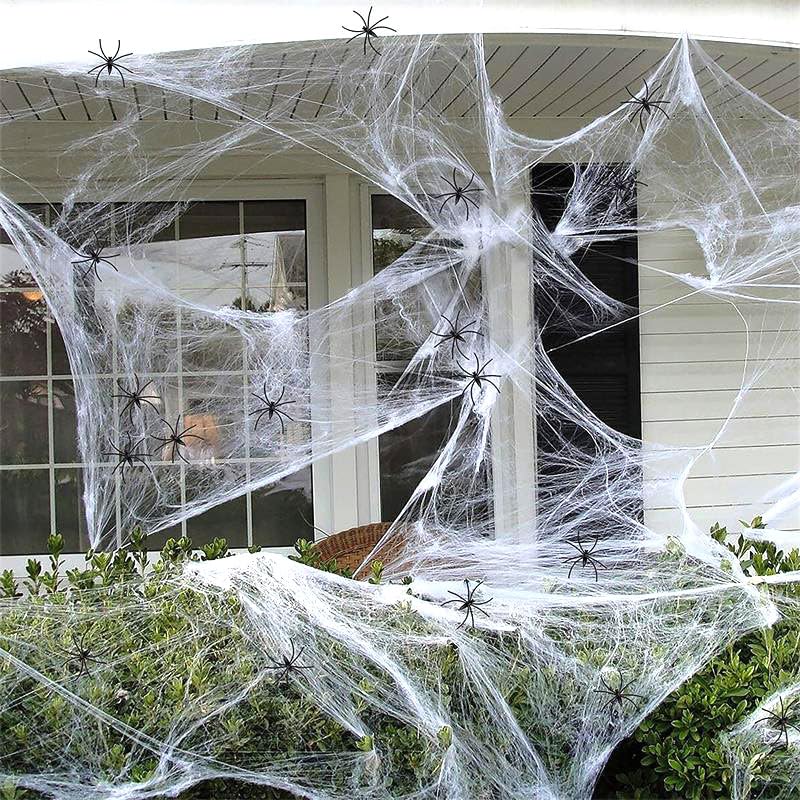Photo 1 of 1200 sqft White Halloween Spider Web Décor with 100pcs Plastic Fake Spiders, Super Stretch Cobwebs for Halloween Party Decorations Indoor and Outdoor Porch Use