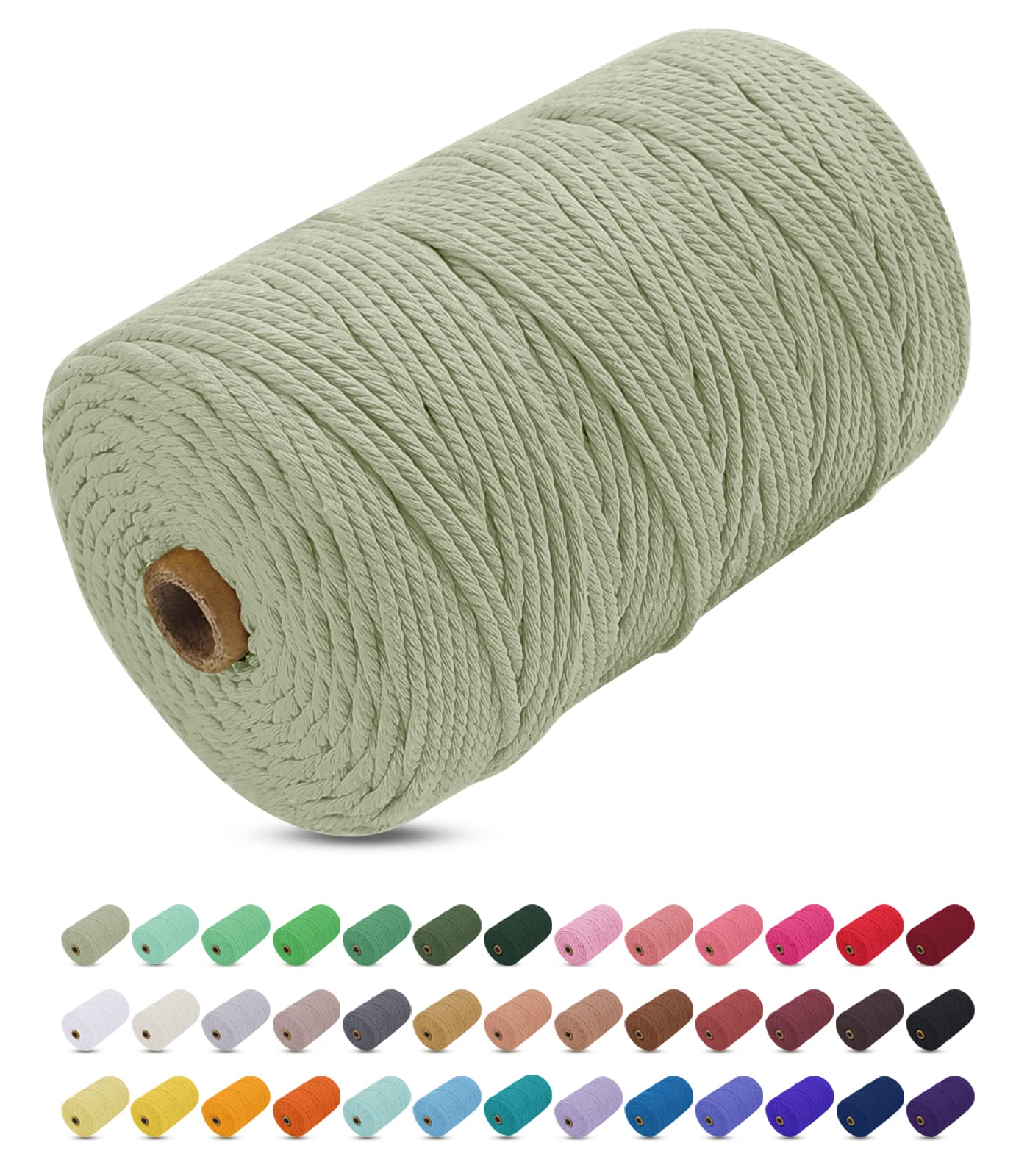 Uiopa Macrame Cord 3mm x 200m, Thick Macrame Rope Yarn Soft Natural Cotton Cord, Coloured 4-Ply Macrame String for DIY Craft, Plant Hangers, Wall Hanging, Christmas Decorations (Bean Green)