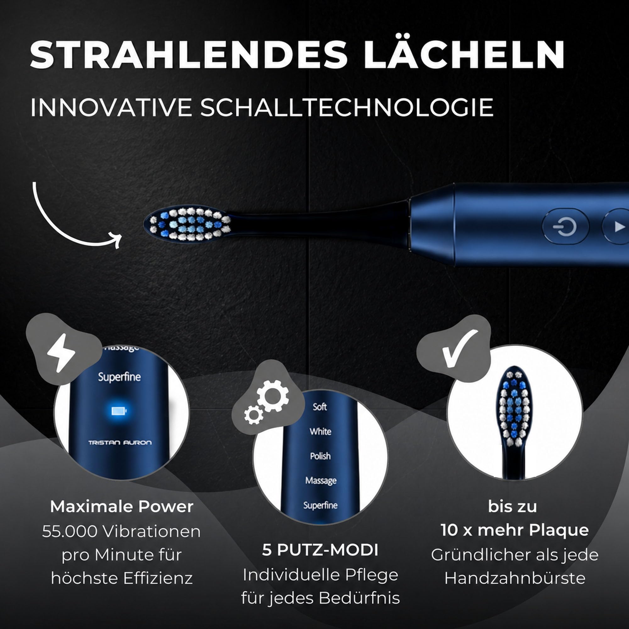 Tristan Auron Schallzahnbürste - Beste Reisezahnbürste 2025-100 Tage risikofrei testen - 55000 Elektrische Schwingungen 5 Programme 60 Tage Batterie mit UV Reiseetui 6 Aufsätze Business Class Blau 8