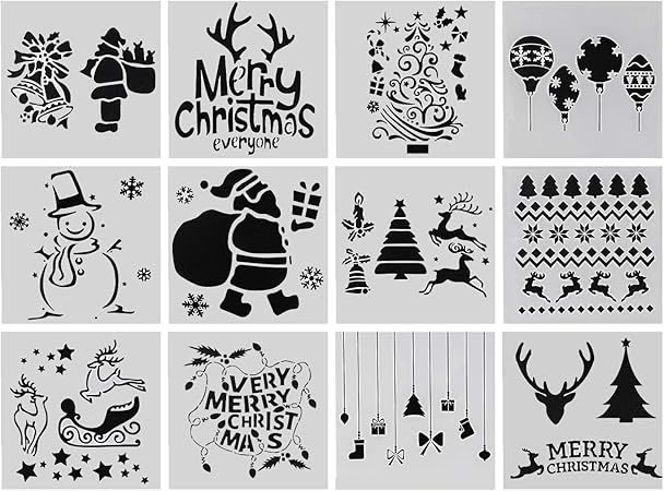 Amazon De 12 Teiliges Weihnachts Schablonen Set Mit Weihnachtsbaum Schneeflocken Schneemann Rentier Muster Fur Karten Holz Diy Zeichnen Und Basteln