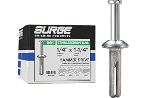 SURGE BUILDING PRODUCTS Surge BP - 1/4" X 1-1/4" Stainless MH Hammer Drive Nail in Concrete Anchor with 304 Stainless Steel Nail | Fasteners for Concrete, Block, and Brick (100/BOX)