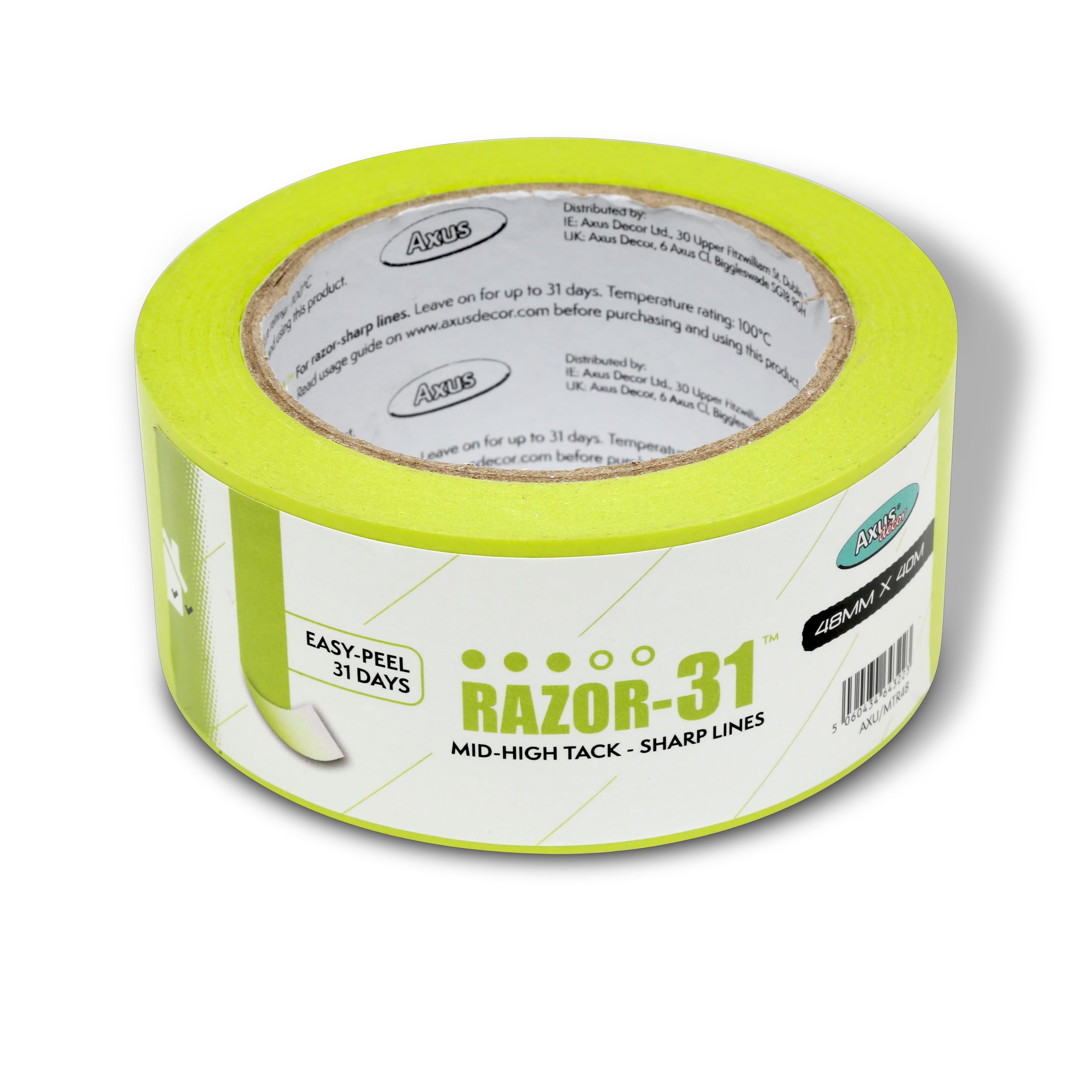 Axus Decor Razor-31 Mid High Tack Masking Tape - 48mm x 40m - Painting Tape For Surfaces and Carpet, Residue Free Removal, For Painting Decoration & DIY Projects, Lime Green