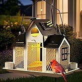 Solar Bird Feeders House for Outdoors Hanging, 7LBS Large Capacity Metal Wild Bird Feeder Squirrel Proof for Outside with Water Cup, Cardinal Birdfeeder Birdhouses Gift for Bird Lovers (White)