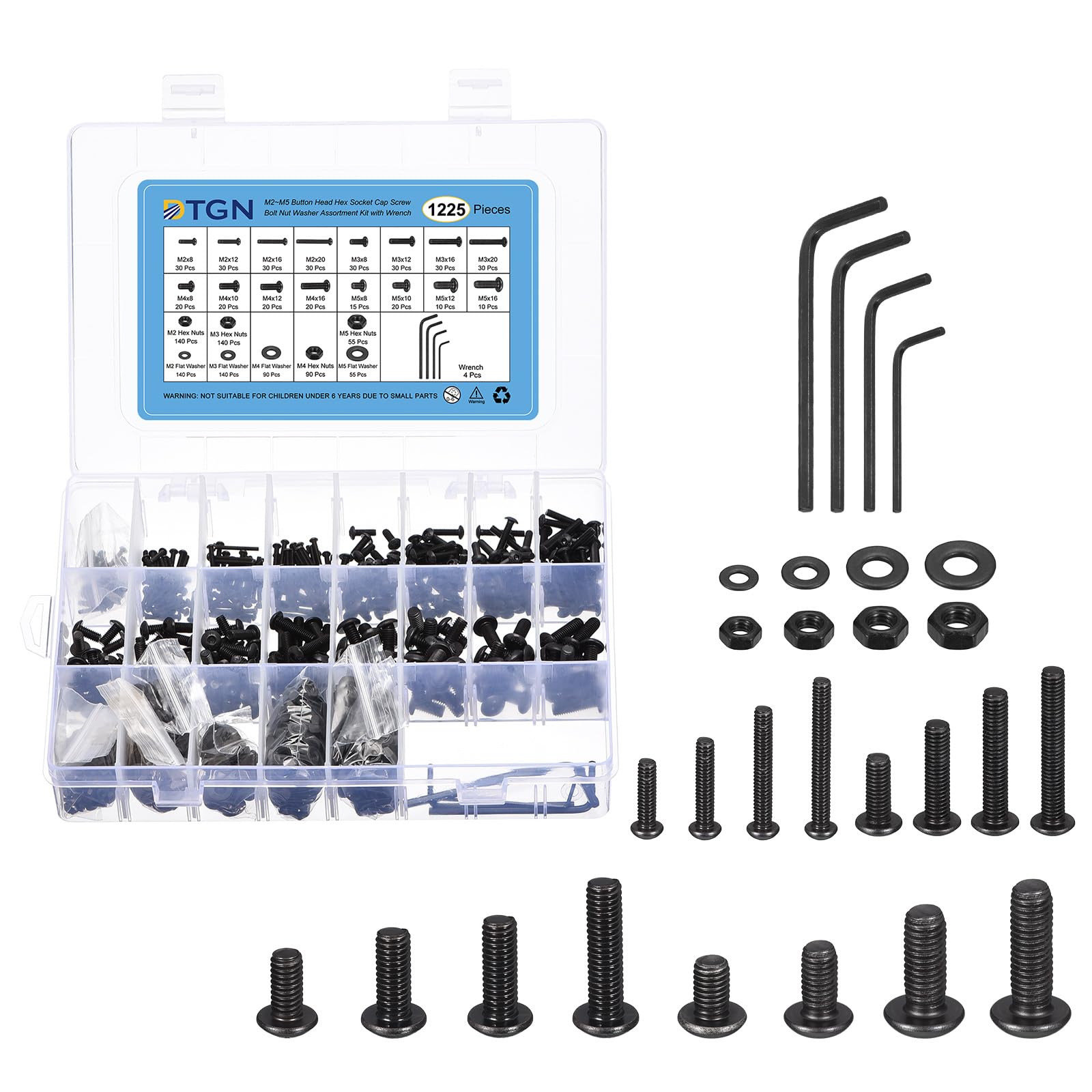 DTGN 1225Pcs M2 M3 M4 M5 Button Head Socket Cap Screws - Carbon steel Full Thread Bolt Nut Set Washer Assortment Kit & Wrench - Good for Machine, Furniture