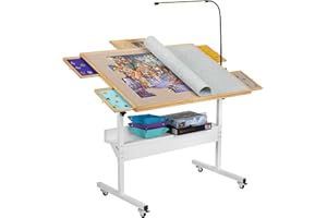 Tektalk Jigsaw Puzzle Table with LED Light, Jigsaw Puzzle Board with Angle & Height Adjustment, Wooden Plateau with Cover, Enclosed with 4 Roller Wheels, for Up to 1500 Pieces
