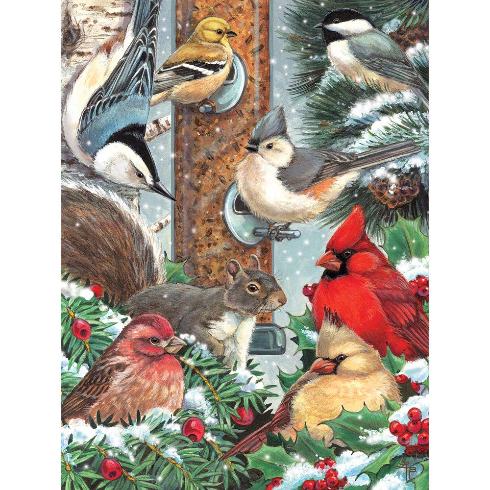 Bits and Pieces - 1000 Piece Jigsaw Puzzle for Adults 51cm x 69cm - Winter Bird Friends - 1000 piece Snowy Outdoor Nature Jigsaw by Artist Linda Howard Bitner