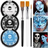 White Black &amp; Light Blue Face Body Paint for Halloween Sally &amp; Corpse Bride Makeup, Non-Toxic Face Painting Kit with Brushes for Kids Adults Smurf Avatar Mermaid &amp; Demon Costume Cosplay SFX Make Up