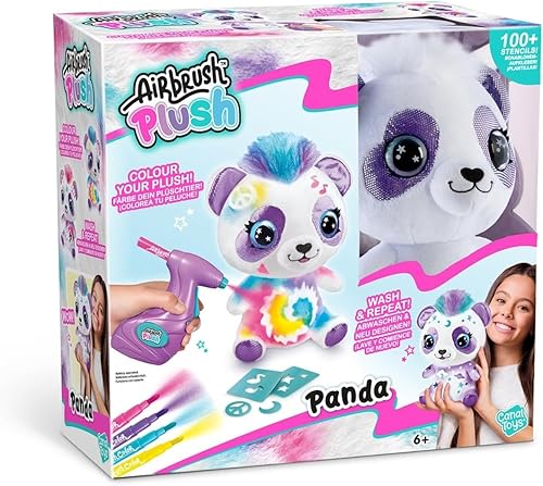 Airbrush Plush Panda, 4 Airbrush Colours Included, 100+ Re-usable Stencils, Batterypowered Airbrush, Create,Spray,Wash&Reapeat