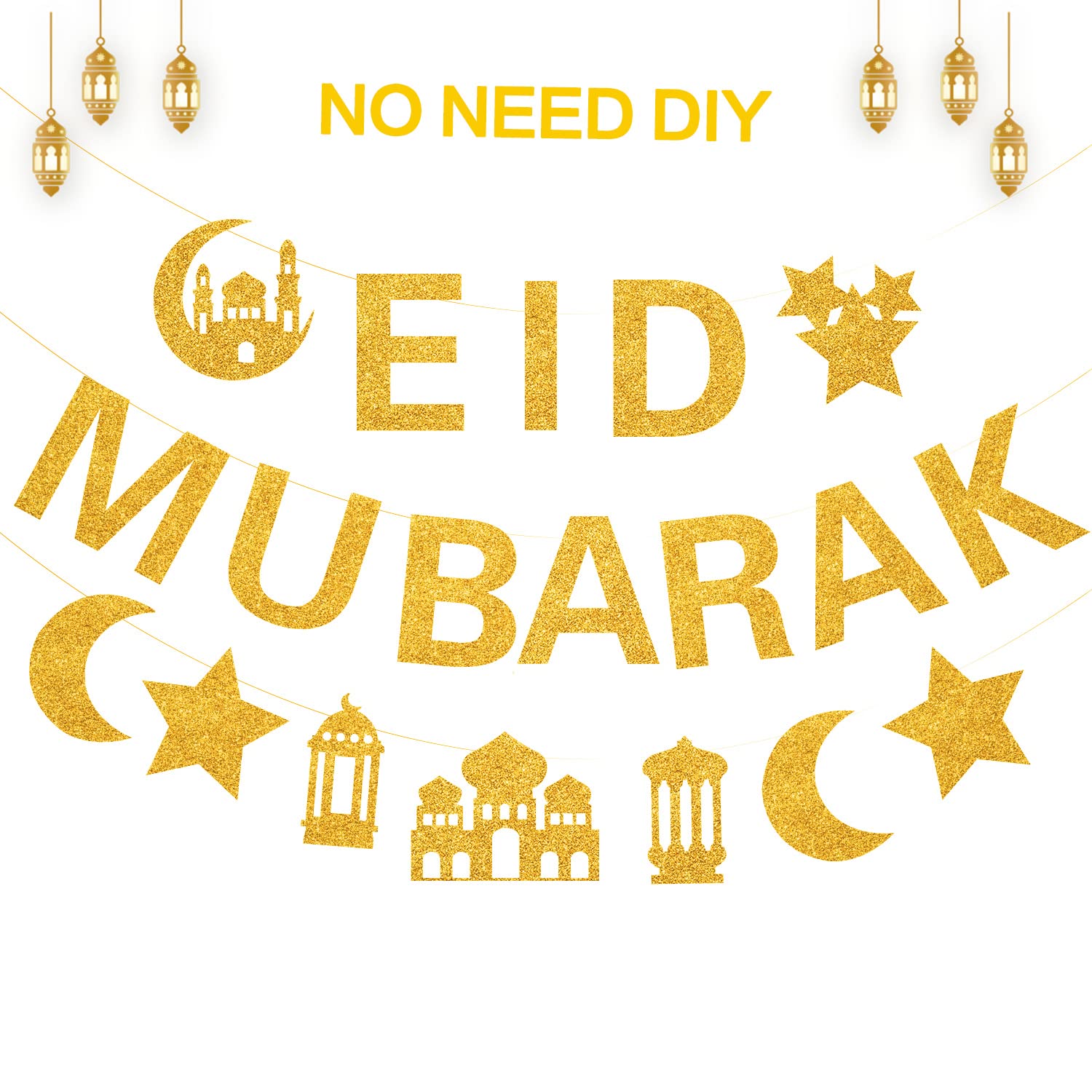 Eid Decorations Glitter Eid Mubarak Banner NO Need DIY Eid Mubarak Decorations for Home Eid Mubarak