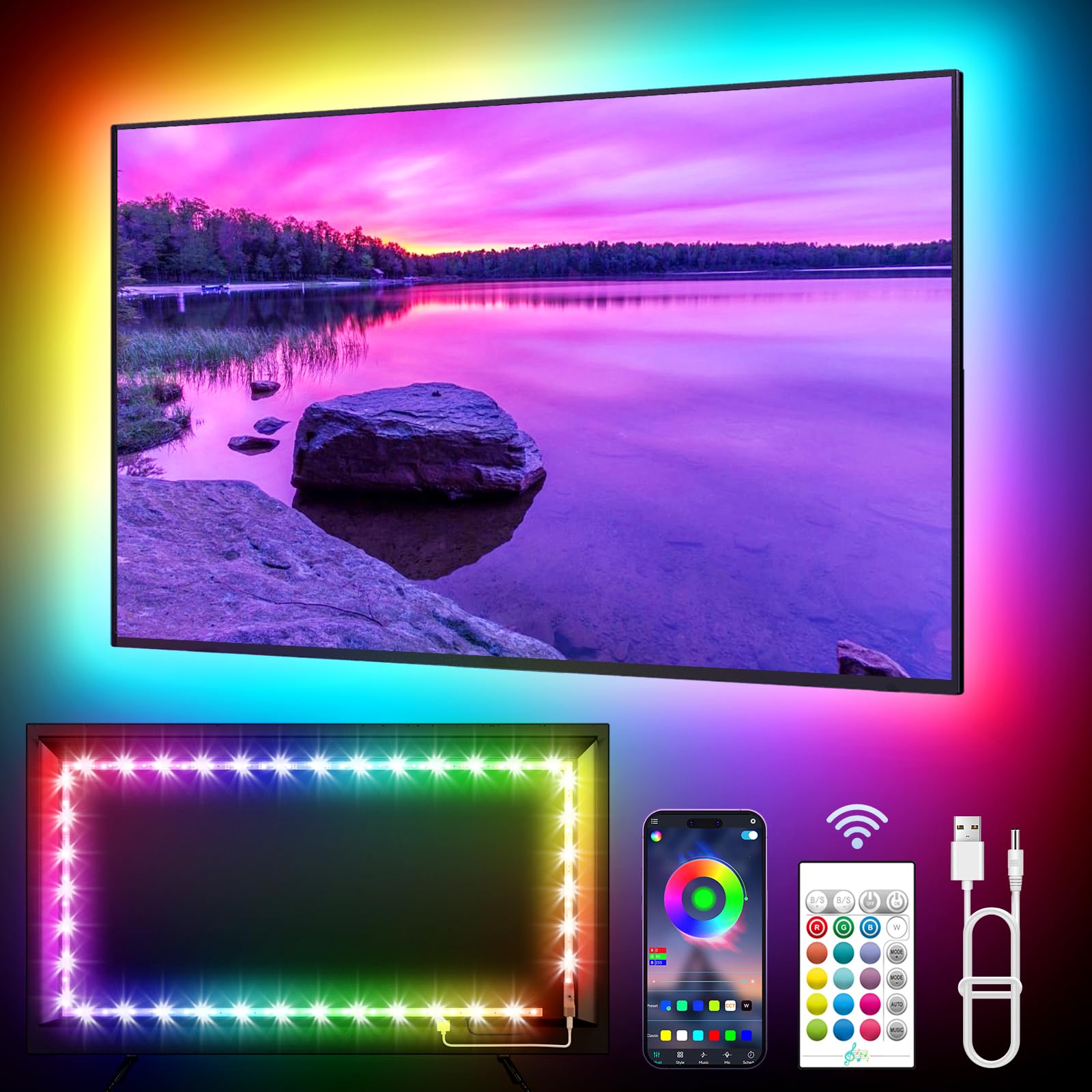 Photo 1 of KANTUTOE LED Lights for TV, 19.68ft LED Backlights for 65-80in TV, RGB TV Backlight with Music Sync Bluetooth APP and Remote Control TV Lights Strip USB Powered LED Lights for Bedroom, Gaming