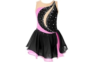 XUNZOO Kid Girls Ice Figure Skating Costume Patchwork Color Mesh Leotard Dress for Dance Performance
