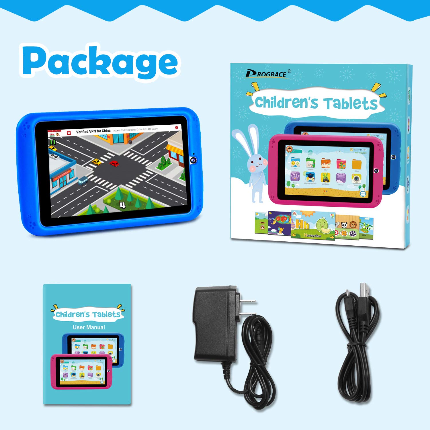 PROGRACE Kids Tablets Learning Edition Tablet for Kids Boys Toy Gift with Parental Control HD IPS Touch Screen Children\'s Tablet QuadCore Toddler Tablet 7\