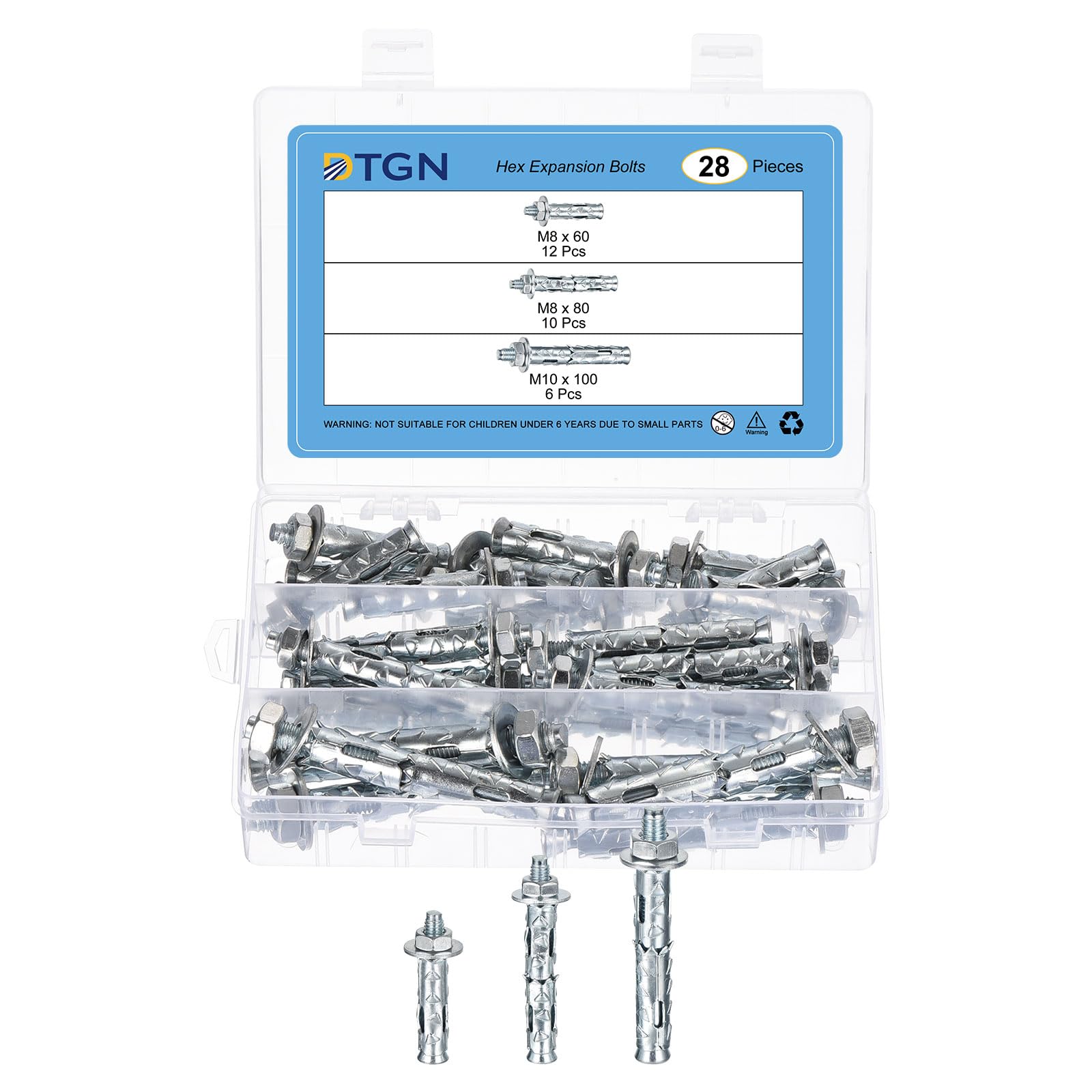 DTGN M8x60 M8x80 M10x100 Combination Set Hex Expansion Bolts - 28Pack - Good for Concrete Dry Brick Block Wall - Carbon Steel - Silver