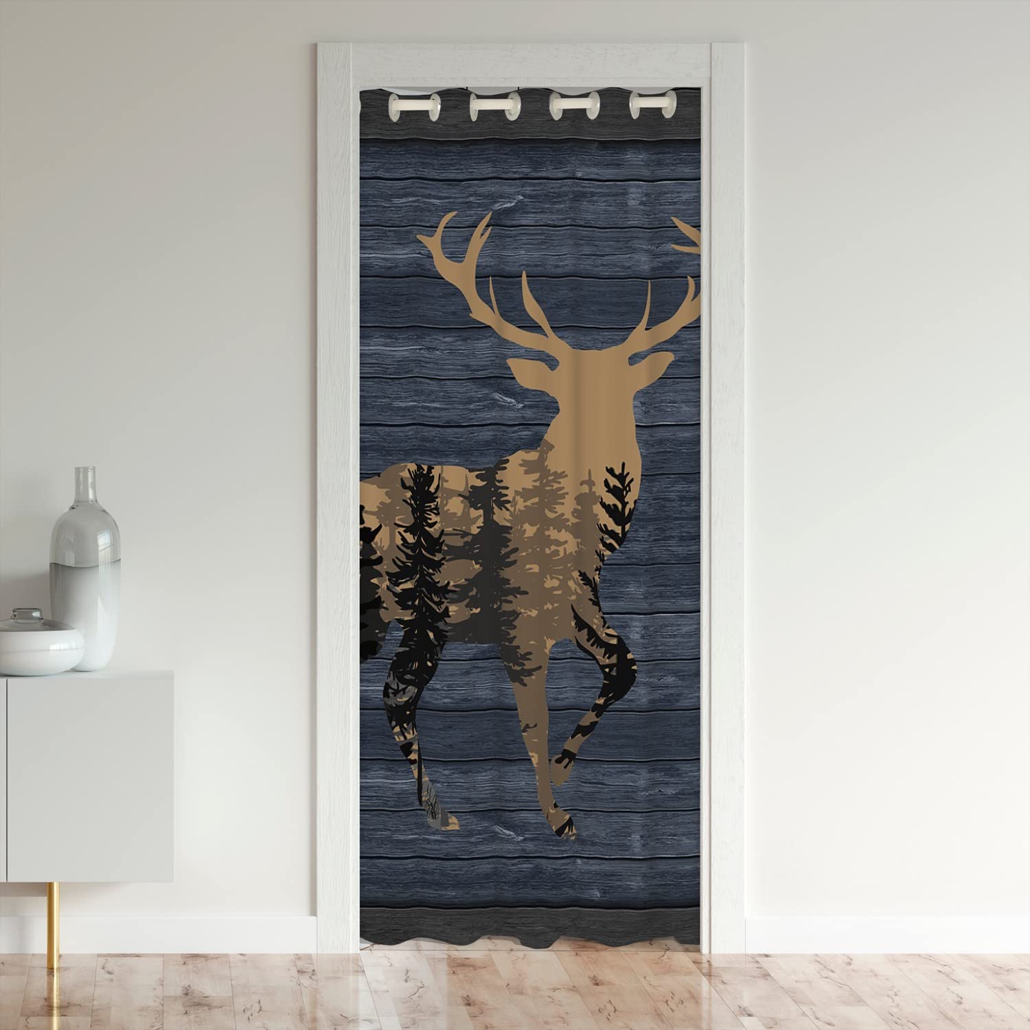 Loussiesd Cute Deer Door Curtain for Doorway Privacy Deer Hunting Closet Door Cover Curtain for Bedroom Antlers Western Farmhouse Forest Blue Brown Wild Animal Room Divider Curtain Cover 132x203cm