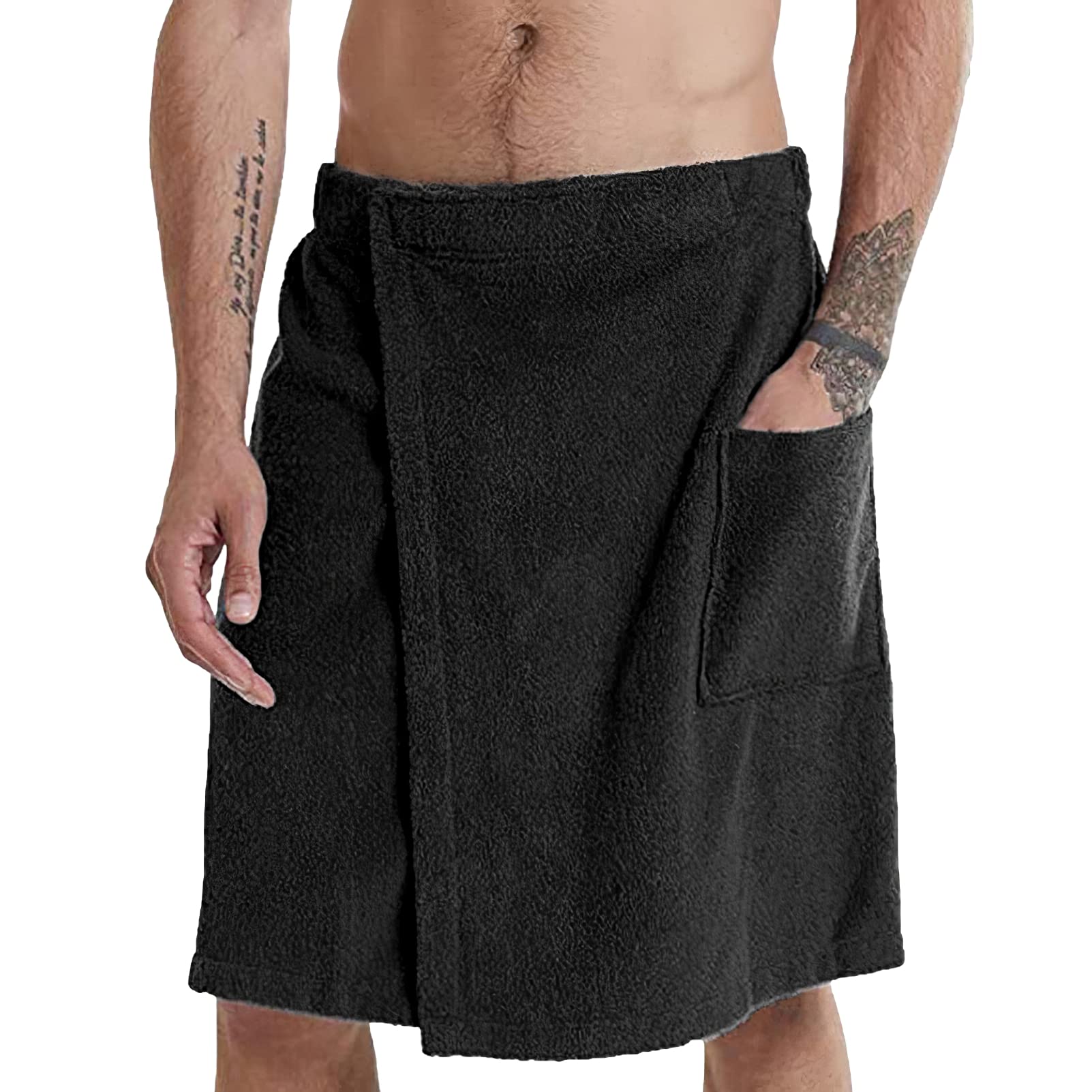 Jamron Mens Adjustable Bath Towel Wrap - Wearable Towel Skirt with Pocket for Gym Shower Sauna Spa & Beach Cover Ups Black S
