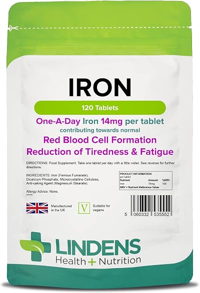 Lindens Iron 14mg Vegan Tablets - 120 UK Made - Boost Energy & Reduce Fatigue