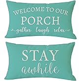 PANDICORN Welcome to Our Porch Stay Awhile Turquoise Farmhouse Outdoor Beach Lumbar Decorative Throw Pillow Covers 12x20 Inch Set of 2 Cozy Spring Summer Porch Patio Decoration for Couch Bench Decor